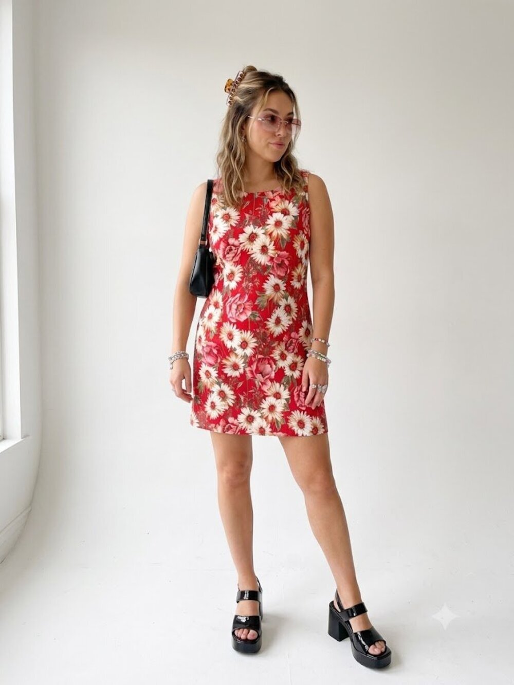 Vintage Faded Glory Floral Shift Dress Red Daisy Rose Print Y2K 90s Size 12
